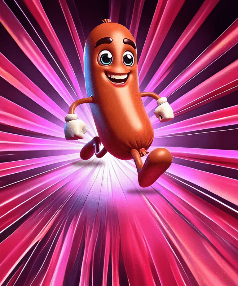 A hot dog running through a purple and pink background